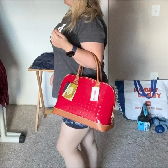Arcadia Glossy Red and Tan Satchel - Picture 8 of 8